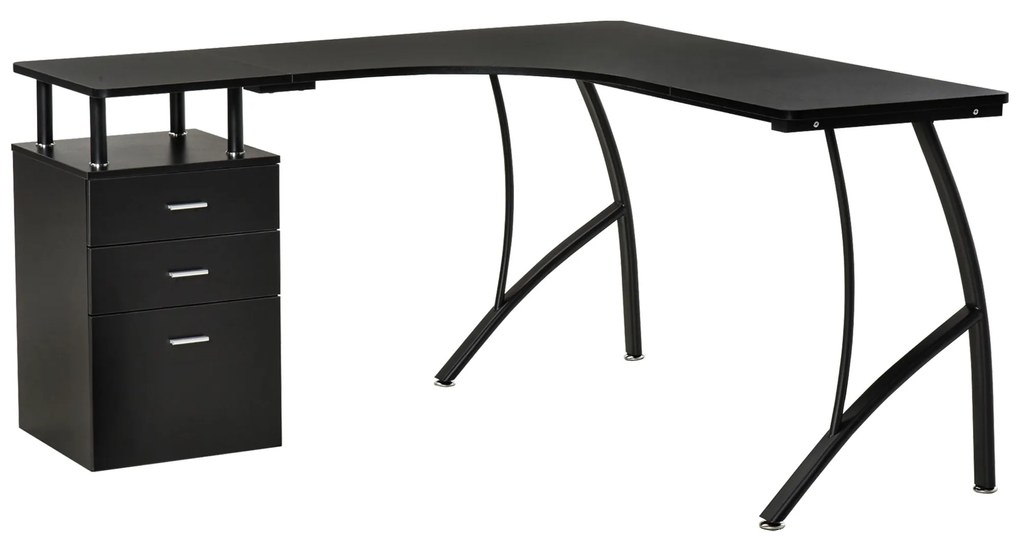 HOMCOM Secretária de Canto para Computador Mesa em Formato de L com 3 Gavetas  143,5x143,5x76cm Preto | Aosom Portugal