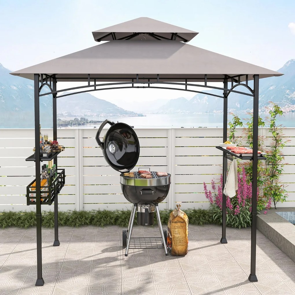Pergula tenda para churrascos 242 x 153 cm com 2 prateleiras laterais, cesto, ganchos, abridor de garrafas, estrutura de metal para jardim ou pátio Ci