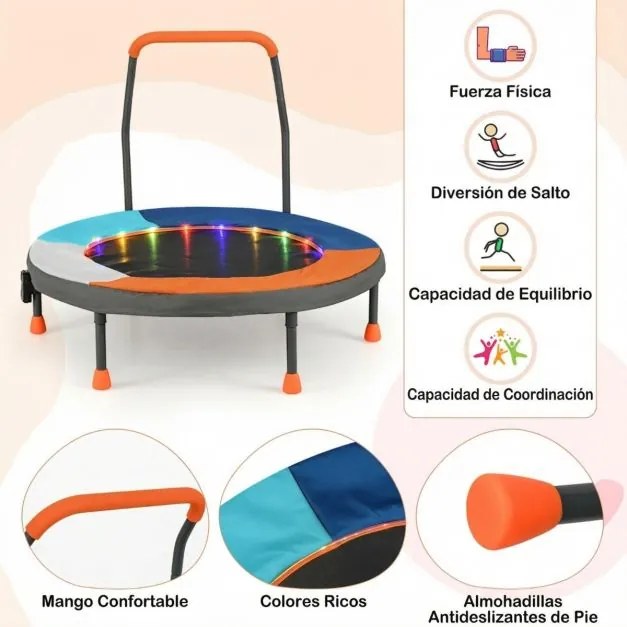 Mini-trampolim para crianças de 90 cm com luzes, dobrável, com barra de espuma e capa de segurança acolchoada multicolorida 1