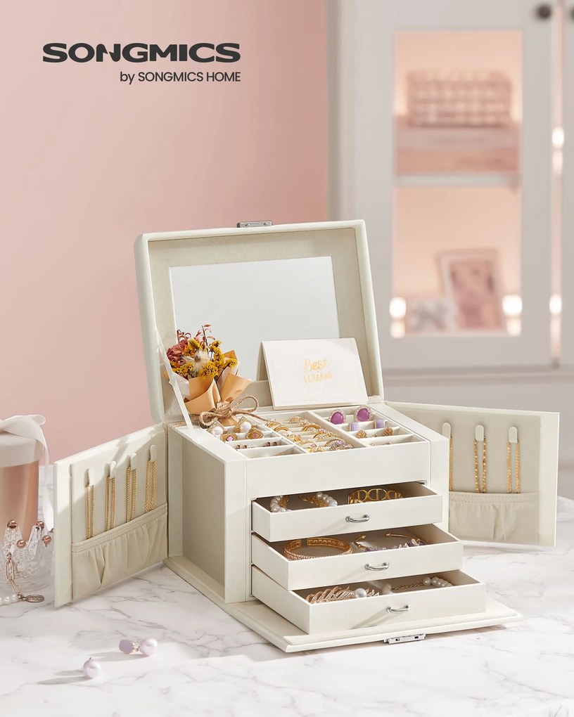 Caixa para joias de 4 níveis 17,5 x 22,5 x 16,5 cm com pega e espelho Branco creme