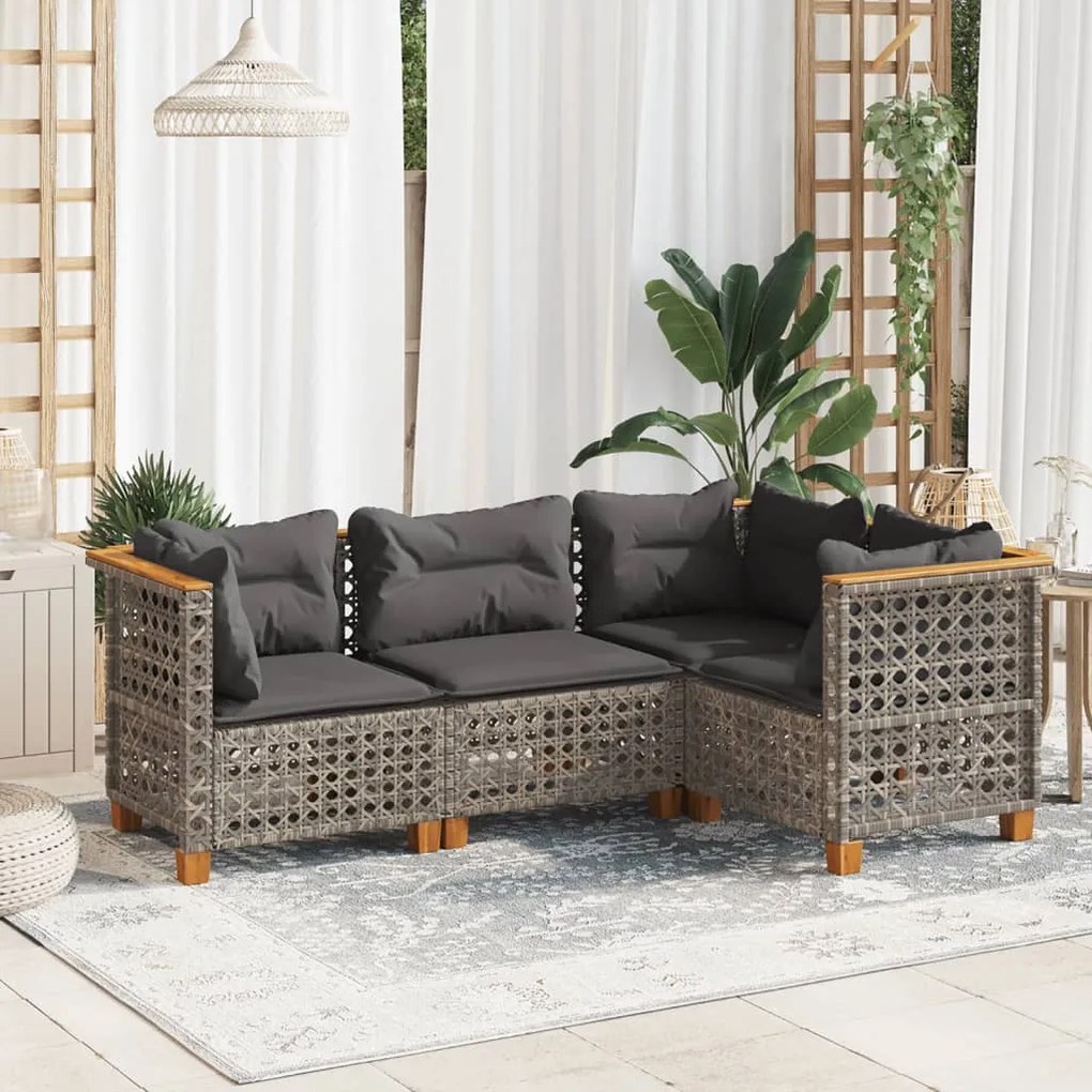vidaXL 4 pcs conjunto sofás de jardim c/ almofadões vime PE cinzento