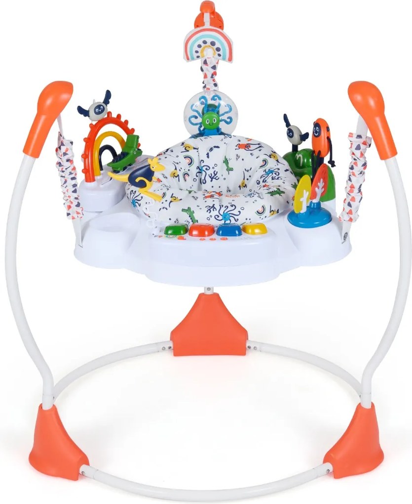 Centro de atividades para bebés com saltador, 6 brinquedos, luzes, música, 3 alturas ajustáveis, mesa giratória 360° para 6+ meses, Laranja