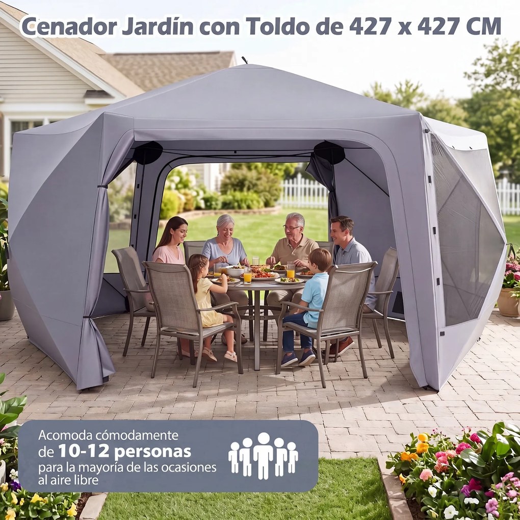 Tenda de Jardim Emergente de Seis Lados, 427 x 427 x 243 cm, Montagem Rápida, Cinzento