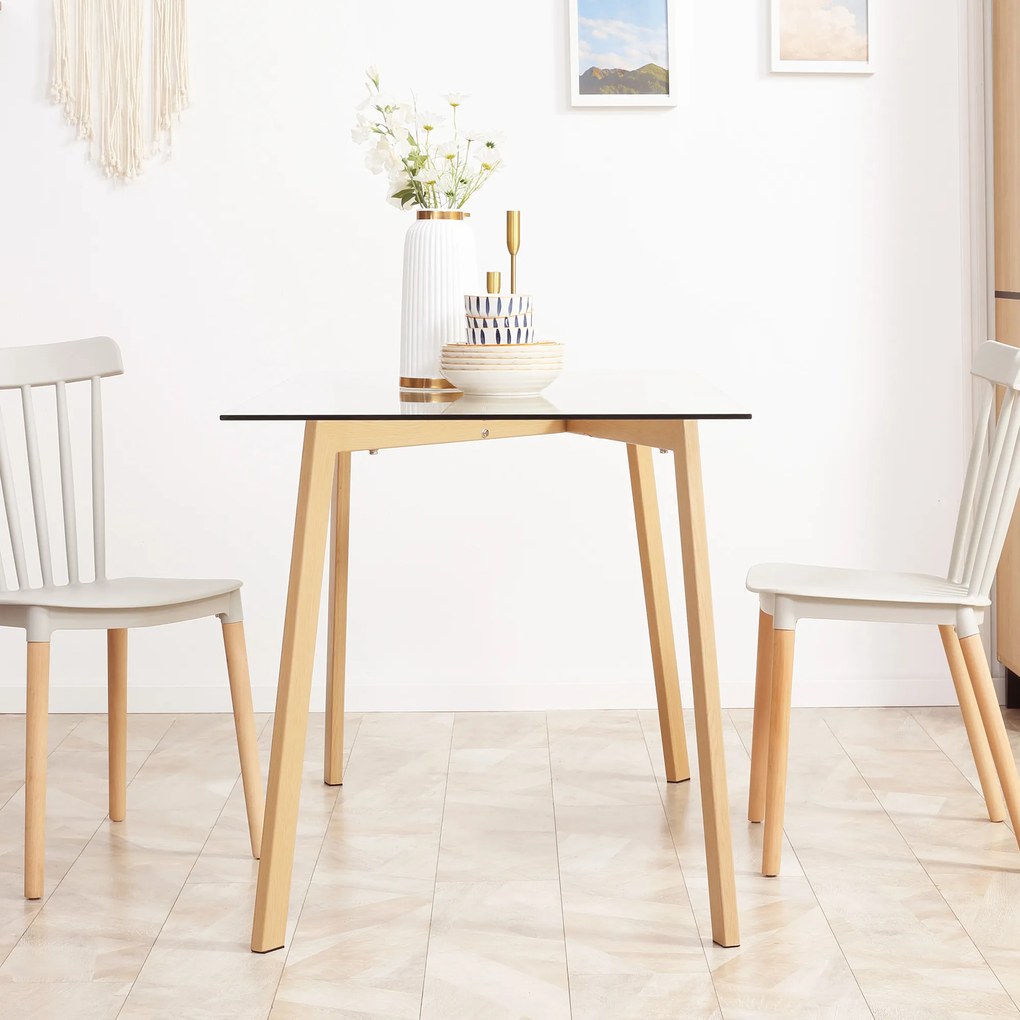 HOMCOM Mesa de Jantar para 4 Pessoas Mesa de Cozinha Moderna com Bancada de Vidro Temperado e Pés de Aço com Efeito de Madeira para Sala de Jantar 120x60x76cm Transparente e Madeira