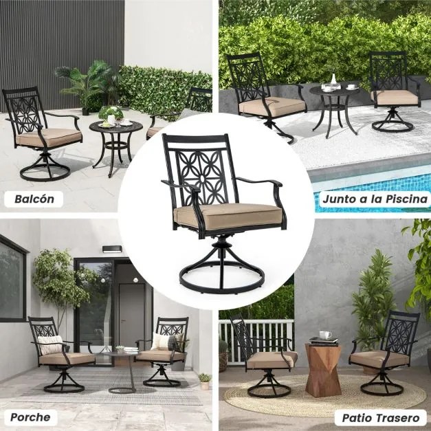 Conjunto de 2 cadeiras giratórias com estrutura metálica e impressão floral para jardim, piscina 70 x 60 x 92 cm Castanho, preto