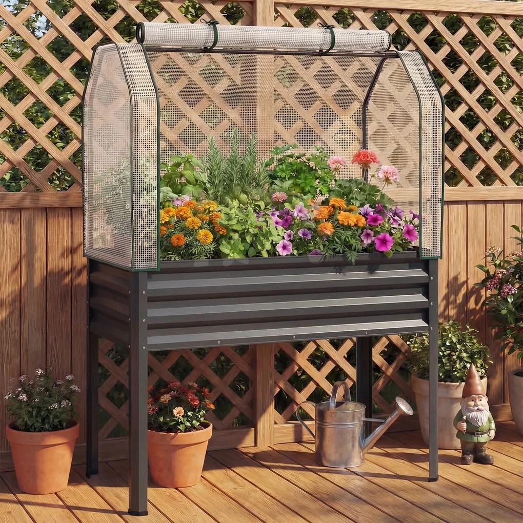 Floreira elevada com estufa 112 x 55 x 152 cm, canteiro de jardim em metal galvanizado com cobertura de proteção e porta enrolável para pátio, terraço