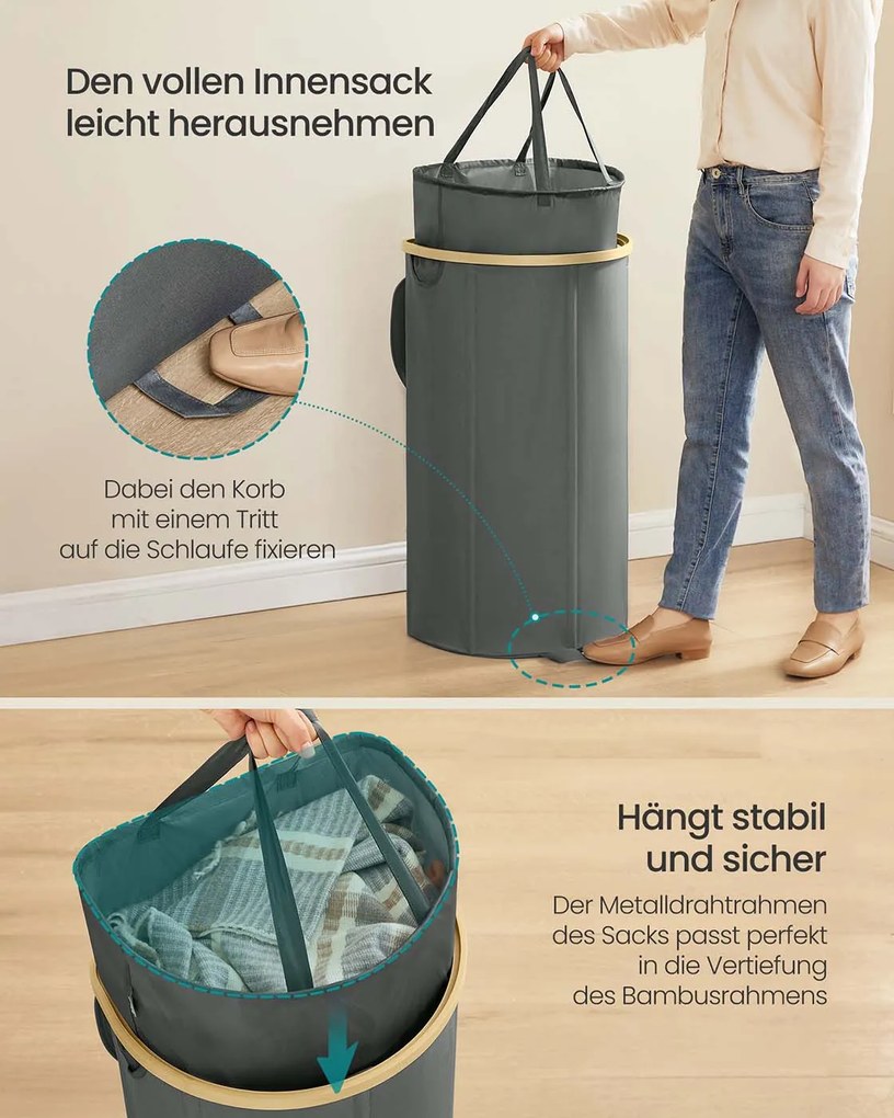 Cesto para roupa suja com tampa e saco removível 42,5 x 32,5 x 75 cm cinzento + bege natural