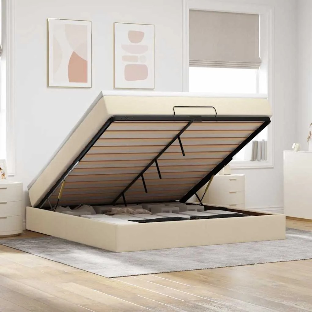 Estrutura de cama otomana com colchão tecido creme 160x200cm