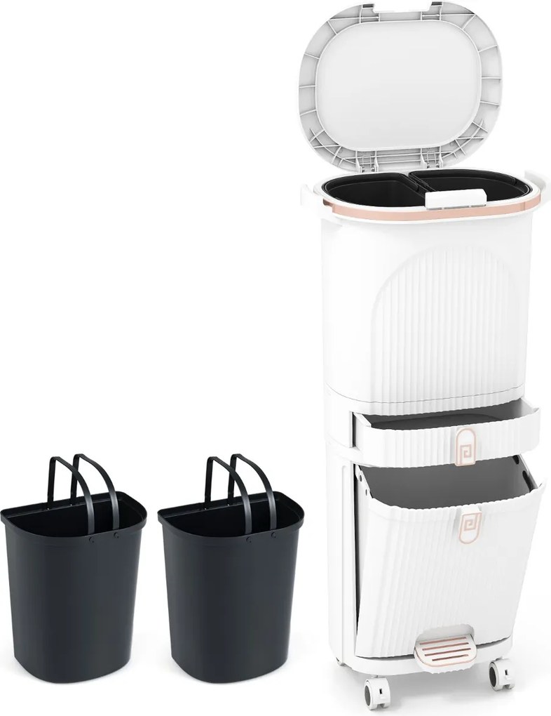 Caixote do lixo 43 x 29 x 82,5 cm para cozinha 42 L com gaveta e 2 cubos removíveis com Pedal e Rodas Branco