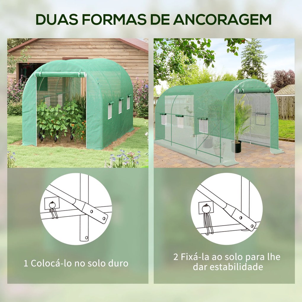 Estufa tipo Túnel 400x200x205 cm Estufa de Jardim com Porta Enrolável e 6 Janelas Cobertura de PE 140 g/m² Verde