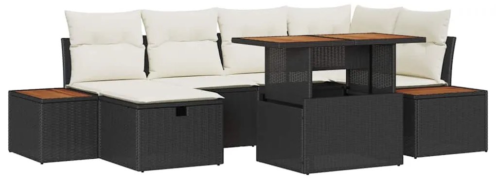 Conjunto de Sofá de Jardim com 7 Peças e Almofadas Preto em Rattan Pol