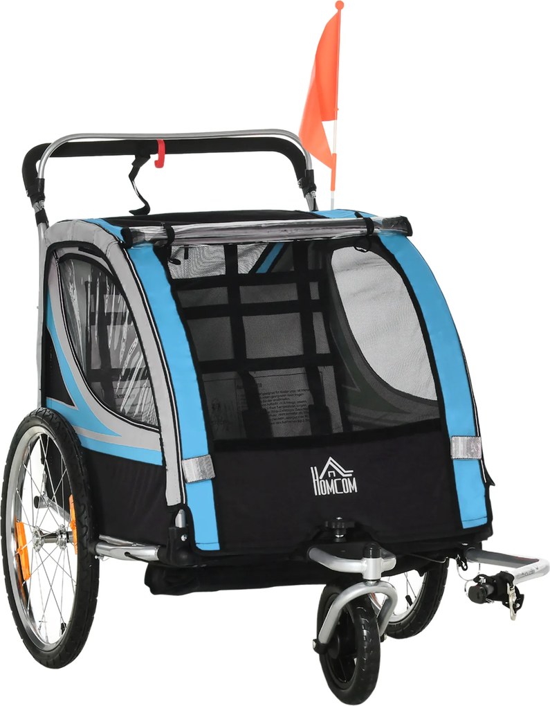 HOMCOM Reboque infantil, carrinho infantil, cinto de segurança de 5 pontos, engate universal, aço, azul, 142 x 75 x 101 cm | Aosom Portugal