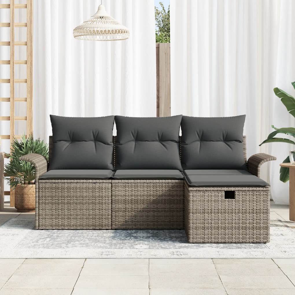 Conjunto de Sofá de Jardim de 4 Peças com Almofadas Cinza Rattan Polié
