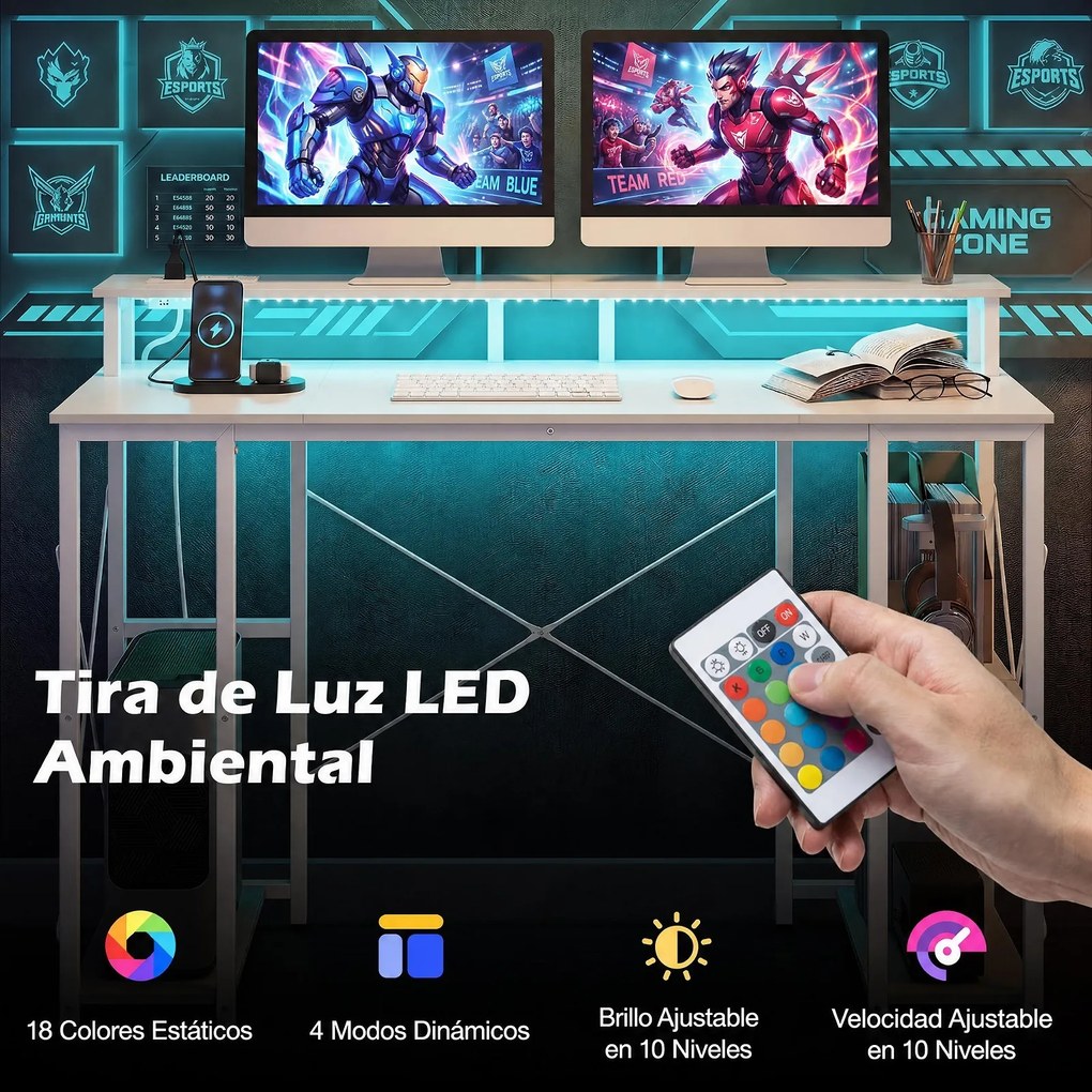 Secretária Gaming para Computador, 120 x 50 x 87 cm, Estação de Carregamento Integrada, Branco