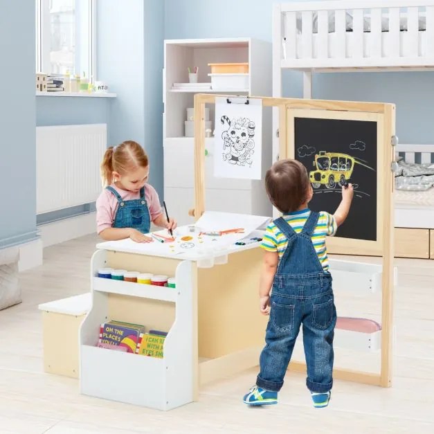 Conjunto de mesa e banco de arte para crianças com cavalete ajustável de dupla face, quadro magnético e rolo de papel substituível Branco