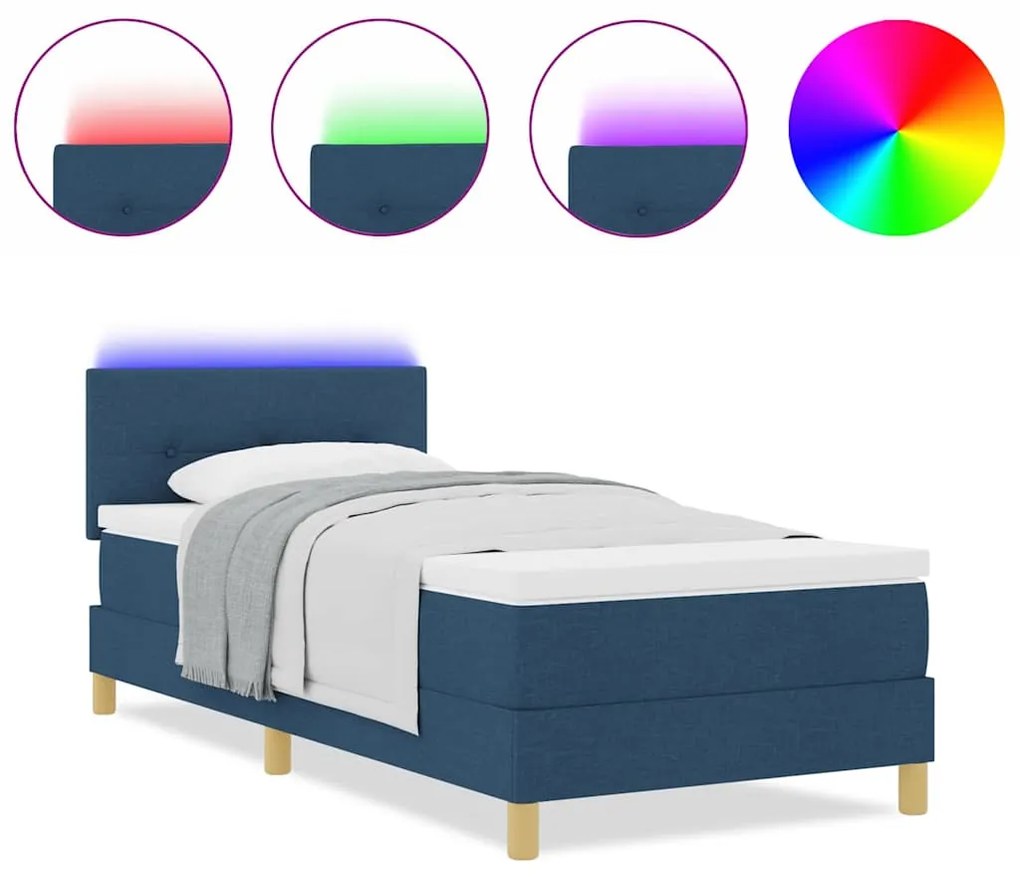 Cama Box com Colchão e LED Azul 100x200 cm Tecido
