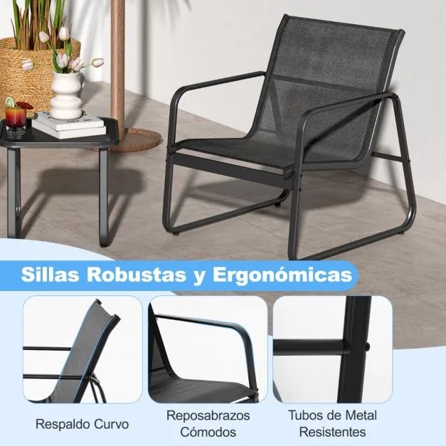 Conjunto Jardim 3 peças com mesa e 2 cadeiras de metal para exterior com tecido respirável e tampo de mesa em vidro preto