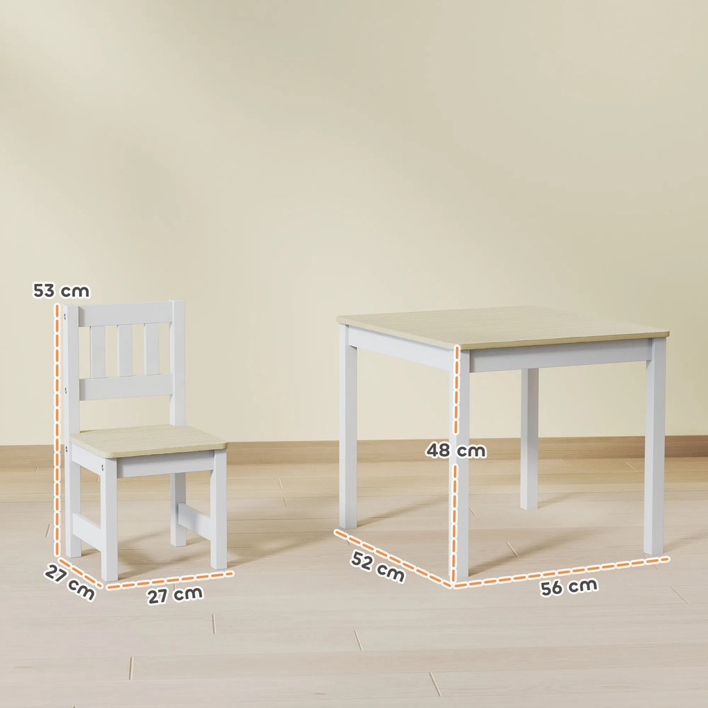 Mesa infantil com cadeira, conjunto composto por uma mesa e duas cadeiras infantis em madeira para desenhar, brincar e estudar, 56 x 52 x 48 cm, natur