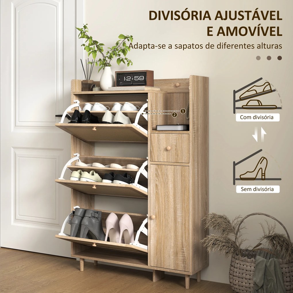 Móvel Sapateira com 3 Gavetas com Frente em Vime para 12 Pares de Sapatos Prateleiras Ajustáveis 80x23x120 cm Carvalho