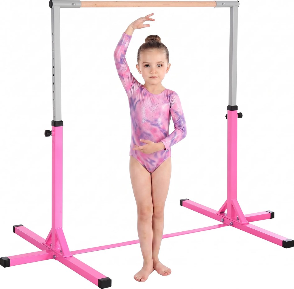 HOMCOM Barra de Ginástica para Crianças com Altura Ajustável 92-150 cm Barra Horizontal de Ginástica 197x121x150 cm Rosa | Aosom Portugal