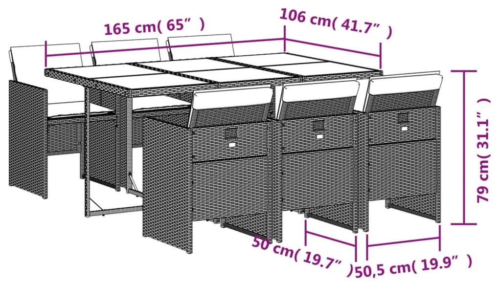 7 pcs conjunto de jantar p/ jardim c/ almofadões vime PE cinza