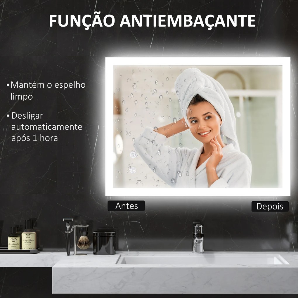 Espelho Casa de Banho com Luzes LED 80x60 cm Função Antiembaciamento 3 Cores Função de Memória e Interruptor Tátil Prata