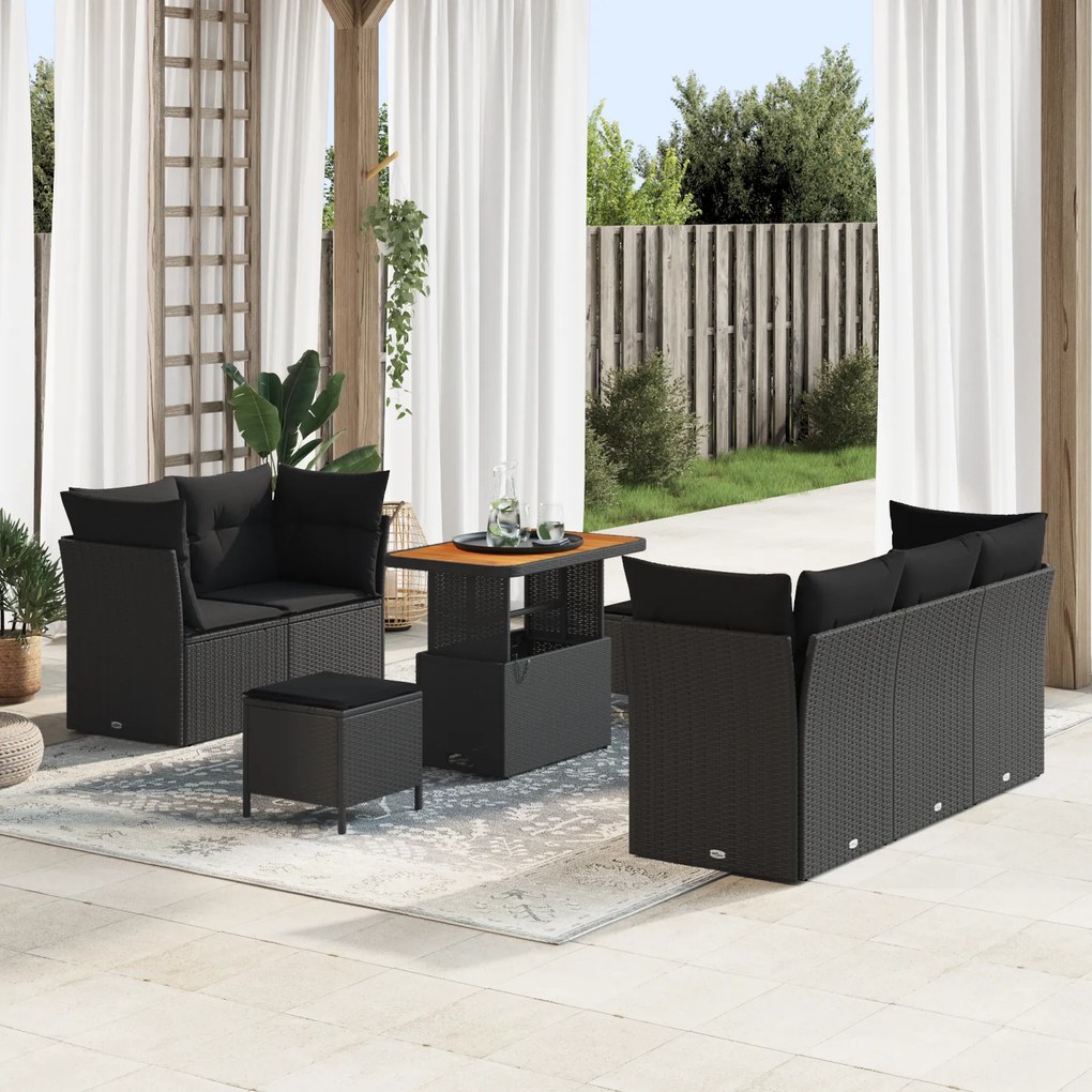 Conjunto de Sofá de Jardim 8 Peças vidaXL com Almofadas Vime Preto Acácia