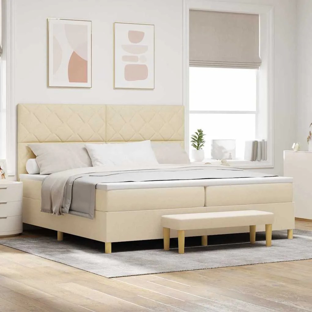 Cama Box Spring com Colchão e Banco Creme 200x200 cm Tecido