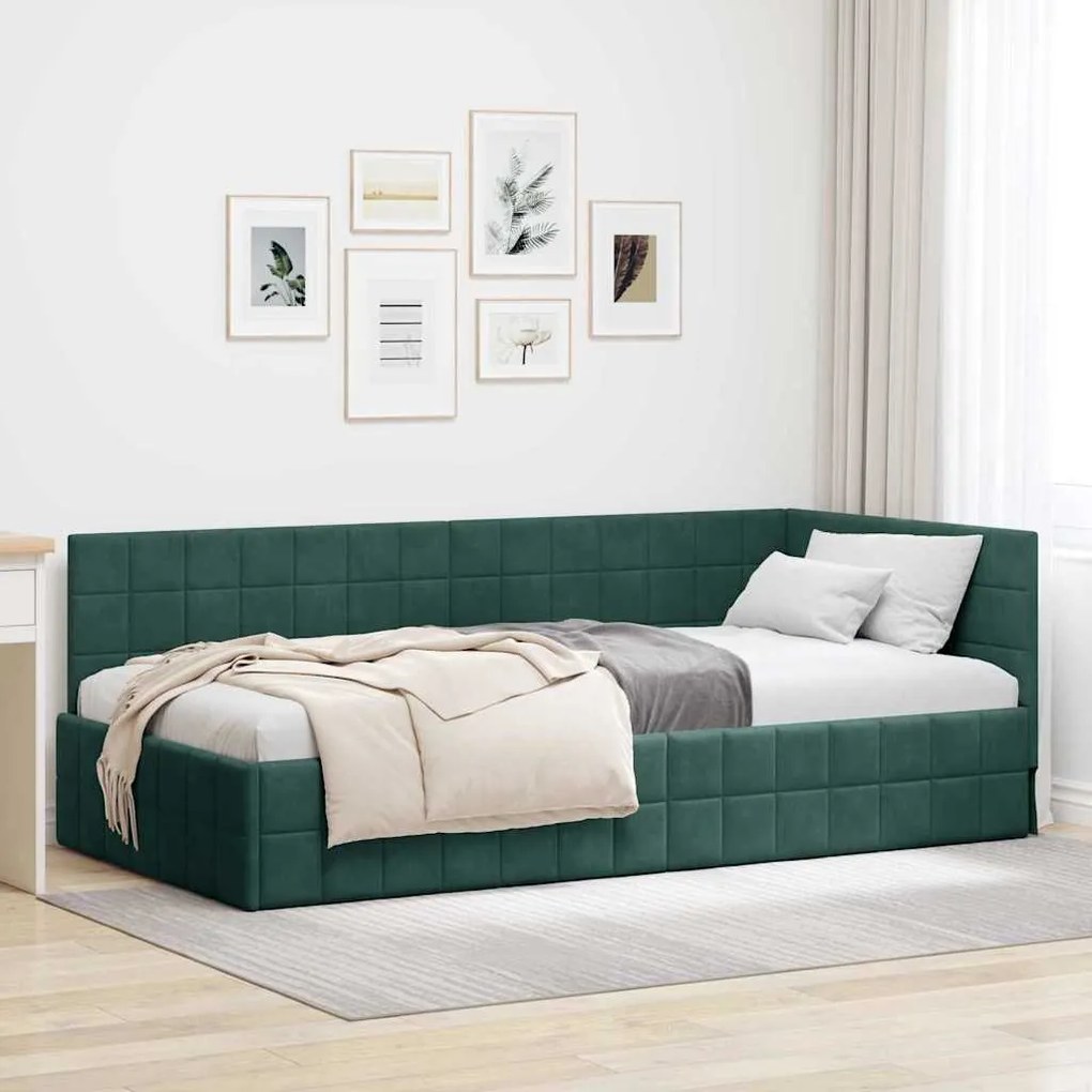 vidaXL Estrutura de Cama de Canto Verde Escuro 90 cm x 190 cm Veludo