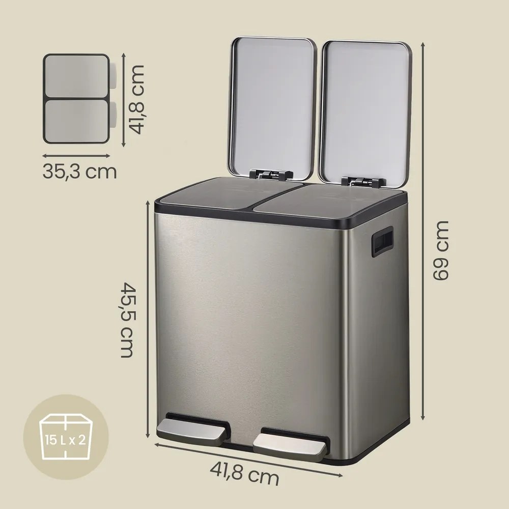 Caixote do lixo com 2 compartimentos, caixote do lixo de 2 x 15 L, 41,8 x 35,3 x 45,5 cm com pedal e tampa com fecho suave prateado