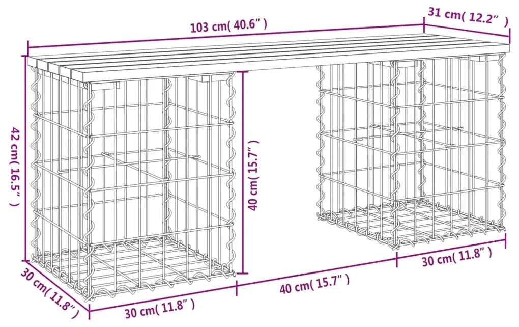 Banco jardim design gabião 103x31x42 cm madeira douglas maciça