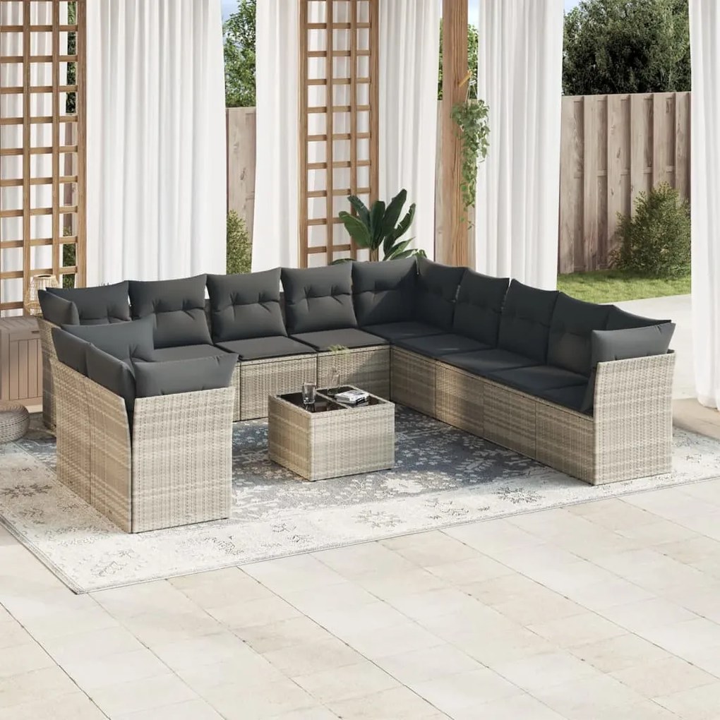 vidaXL 12 pcs conj. sofás jardim com almofadões vime PE cinzento-claro