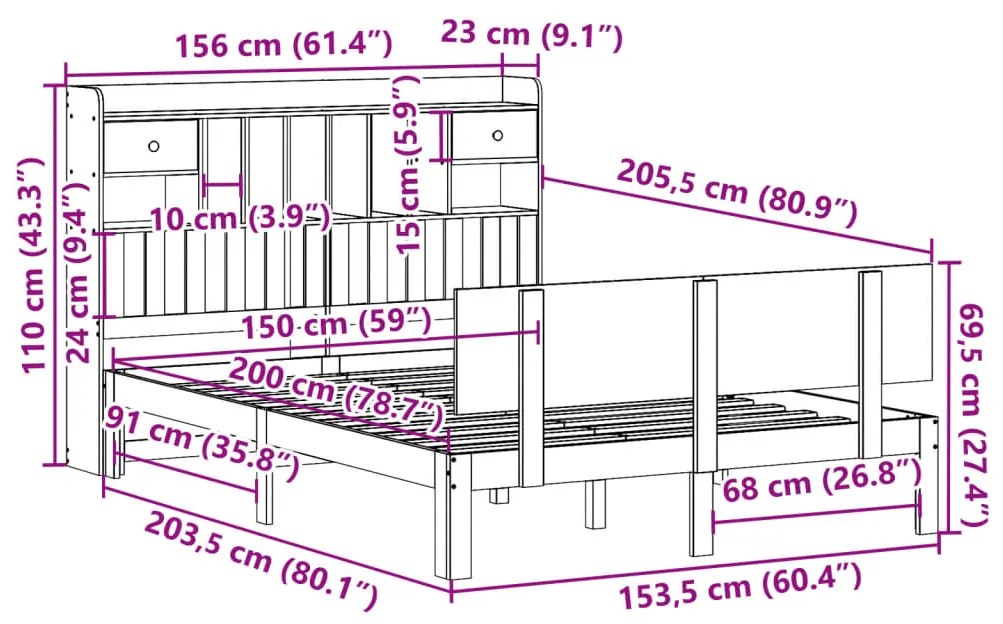 Cama com estante sem colchão 150x200 cm pinho maciço branco