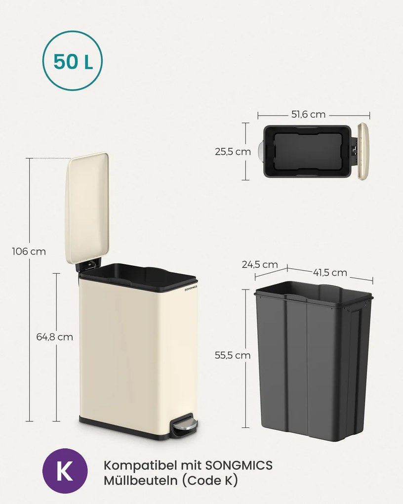 Caixote do lixo de cozinha com tampa 51,6 x 25,5 x 64,8 cm, bege areia