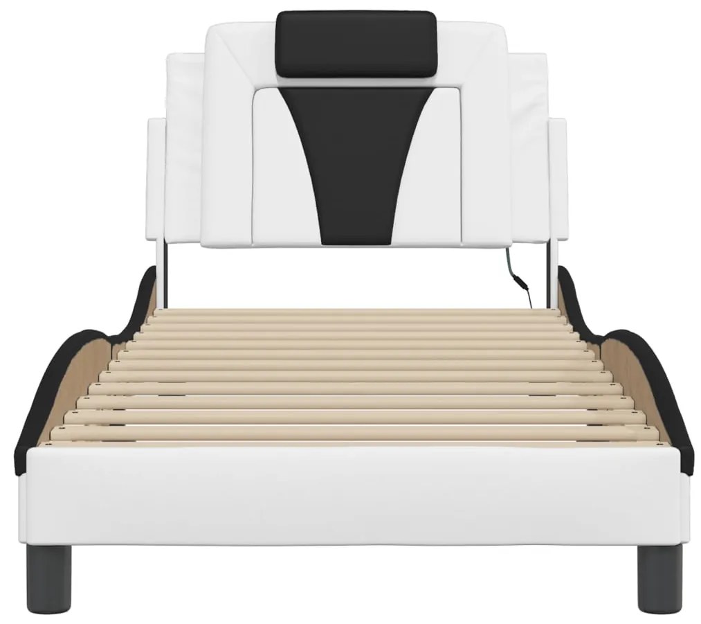 Estrutura cama c/ luzes LED 90x200cm couro artif. branco/preto