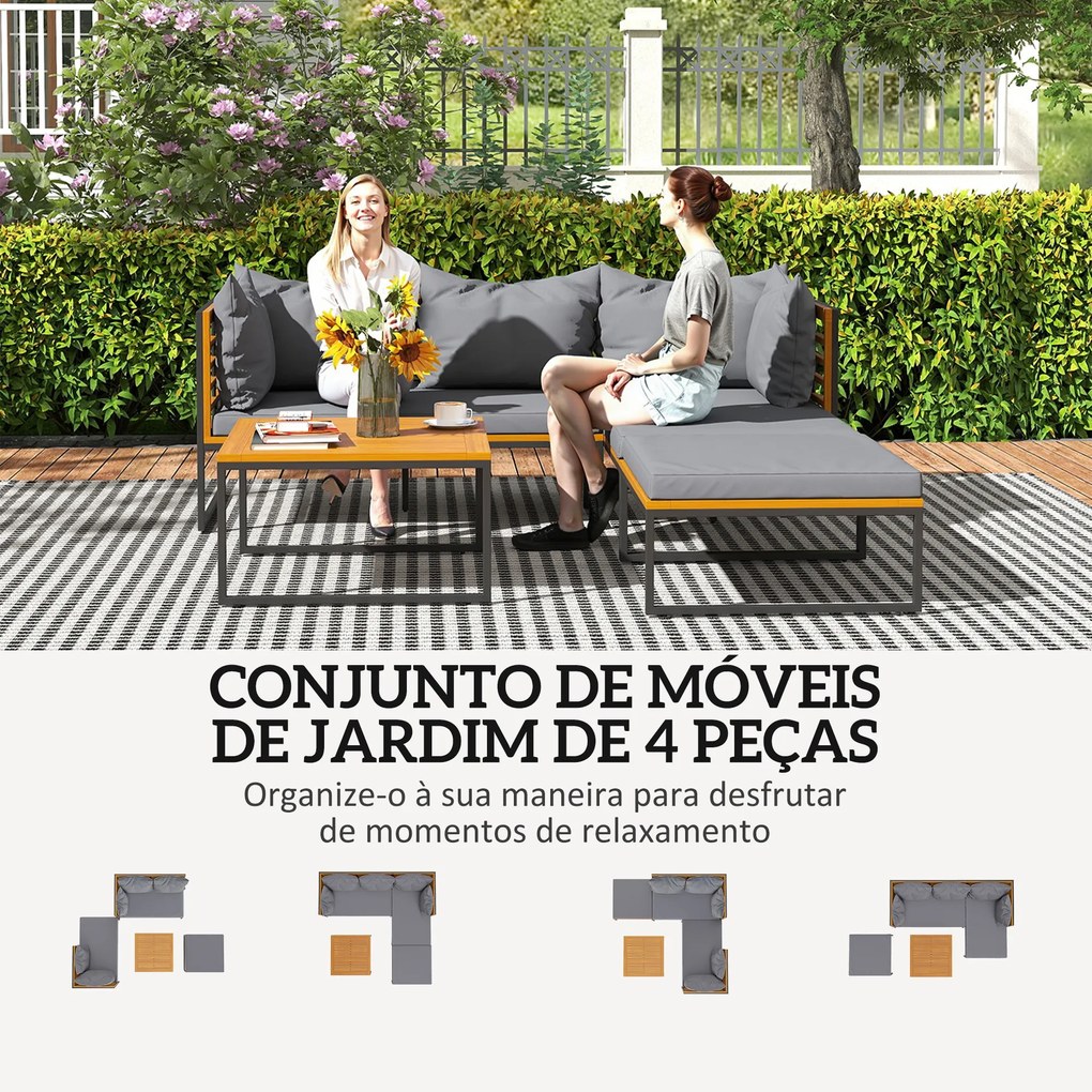 Conjunto de Jardim de 4 Peças em Forma de L com 2 Sofás de 2 Lugares Sofá de Canto e Mesa de Centro Cinza e Madeira