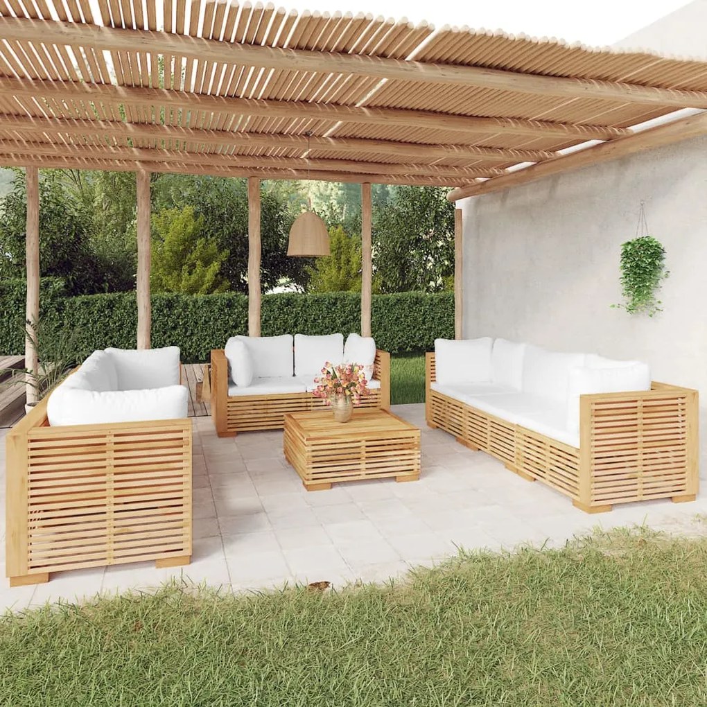 9 pcs conjunto lounge jardim c/ almofadões madeira teca maciça