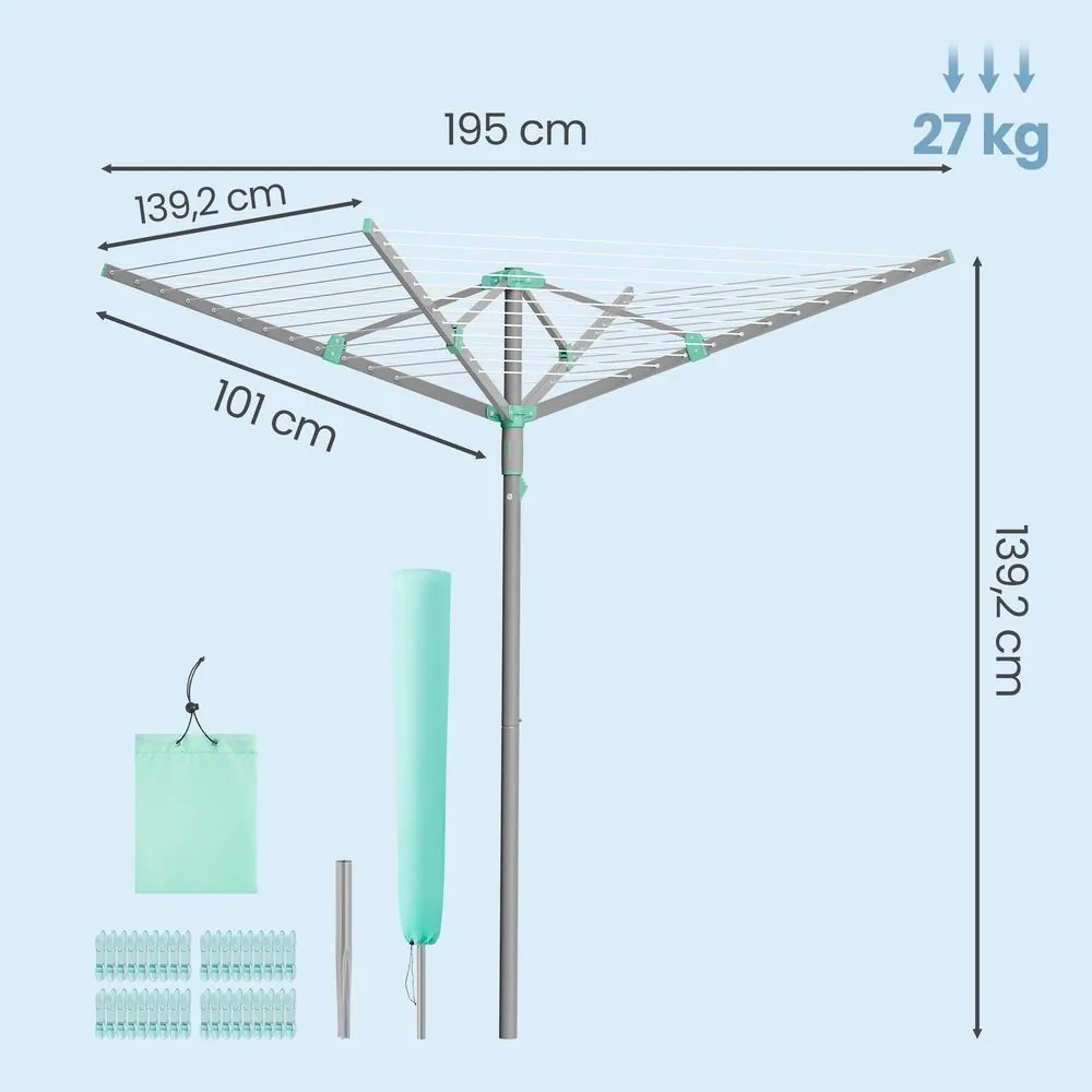Estendal de roupa giratório 139,2 x 139,2 x 182 cm, com 45 m de corda, prateado