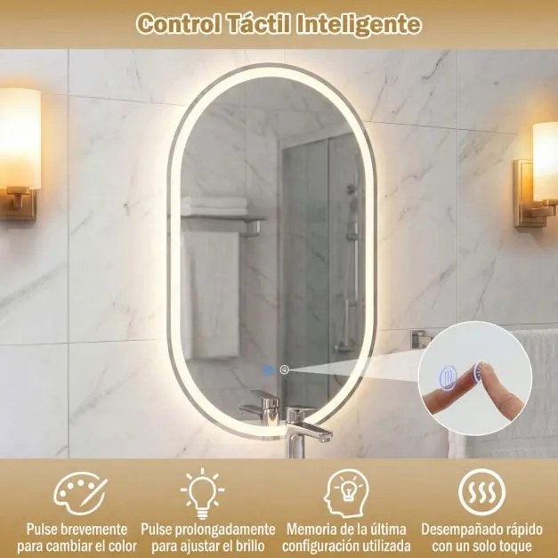 Espelho 80x50 cm ovalado iluminado de parede para casa de banho sem moldura LED traseiro 3 modos de cor ajustável antiembaciamento vidro temperado HD