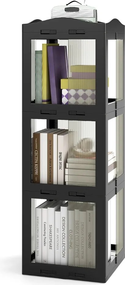 Estante com base giratória giratória 360° com 3 níveis em Plástico dobrável 36,5 x 36 x 108 cm com prateleiras Preta