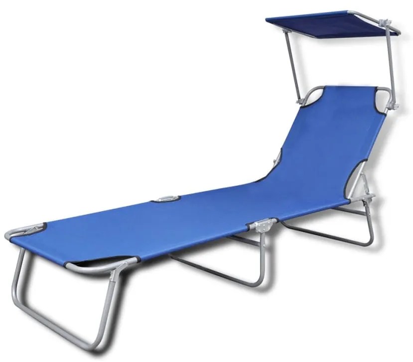 Espreguiçadeira dobrável com toldo aço e tecido azul