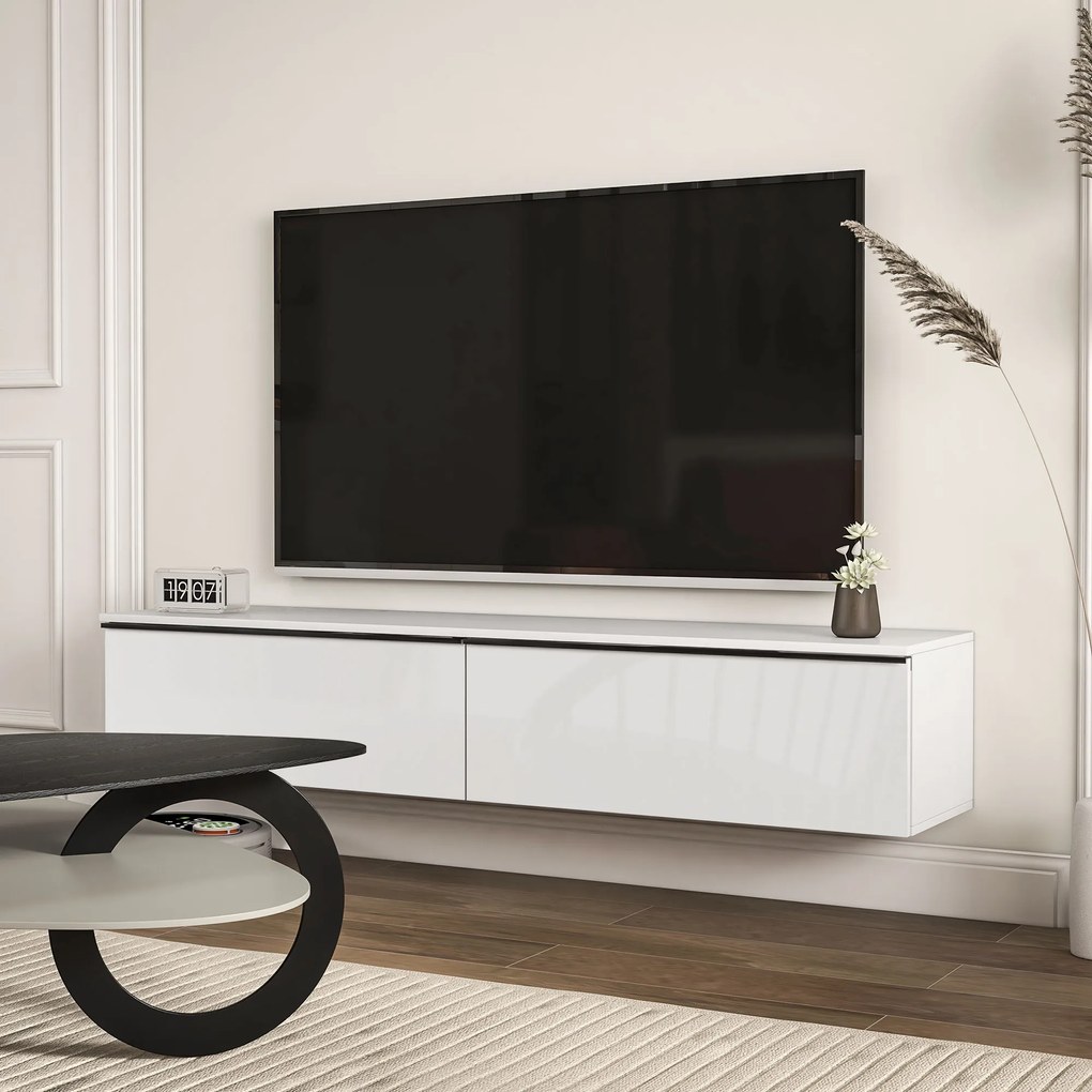 Móvel de TV suspenso com armário 160 x 35 x 30 cm, para televisores até 70 polegadas, acabamento brilhante, branco