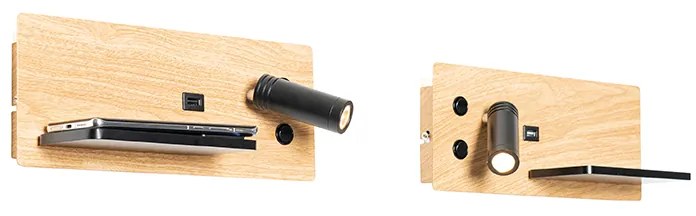 Conjunto de 2 Apliques de Parede Preto com Madeira incl. LED com USB e Carregador por Indução - Riza Moderno