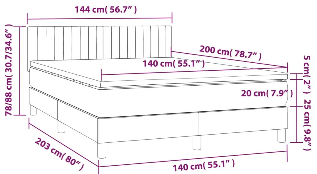 Cama box spring colchão/LED 140x200 cm tecido cinza-acastanhado