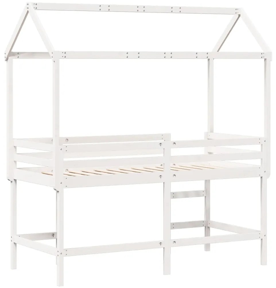 Cama alta c/ escada e telhado 90x200 cm pinho maciço branco