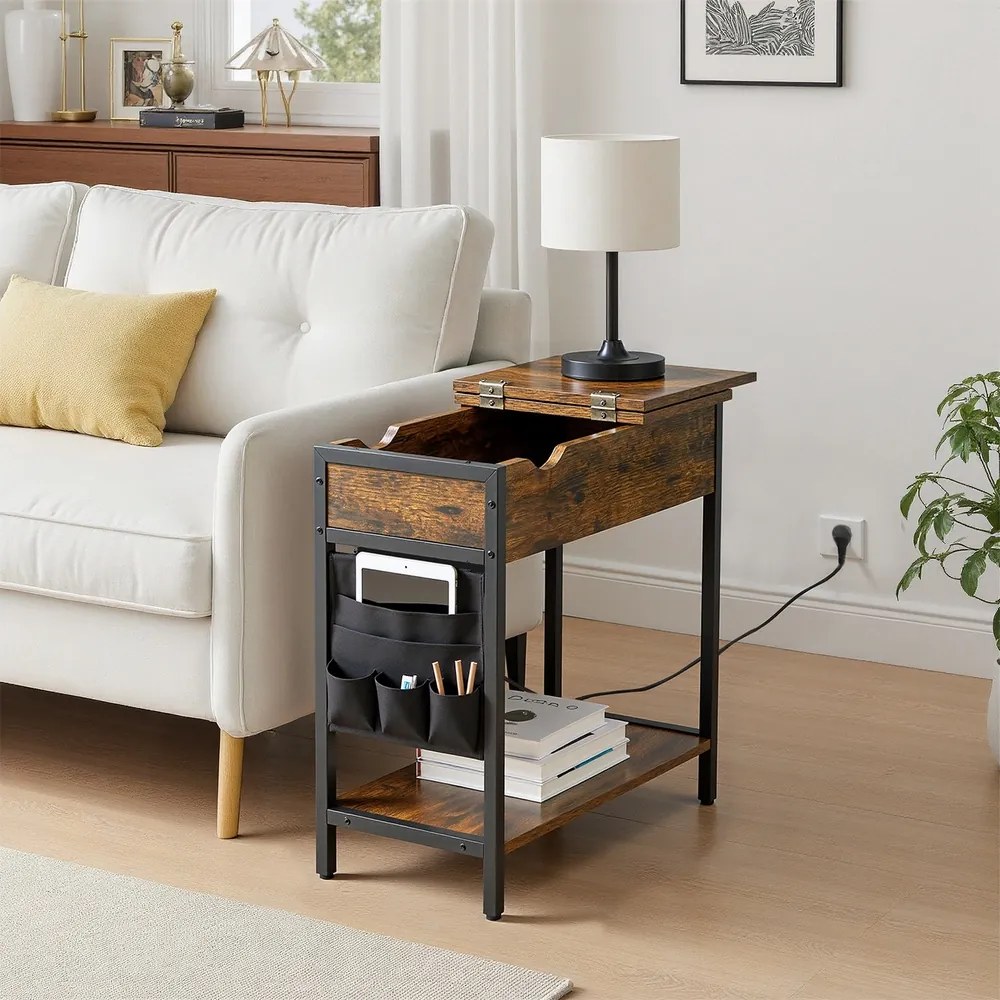 Mesa de apoio, mesa de cabeçeira 60 x 31,5 x 60 cm com tomadas e portas USB castanho-preto