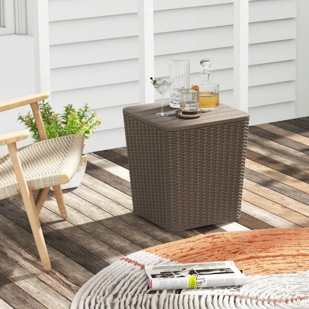 Baú de arrumação para exterior 43 L Caixa de arrumação em vime Resina Baú de jardim com tampa amovível Mesa lateral de arrumação de jardim para terraç