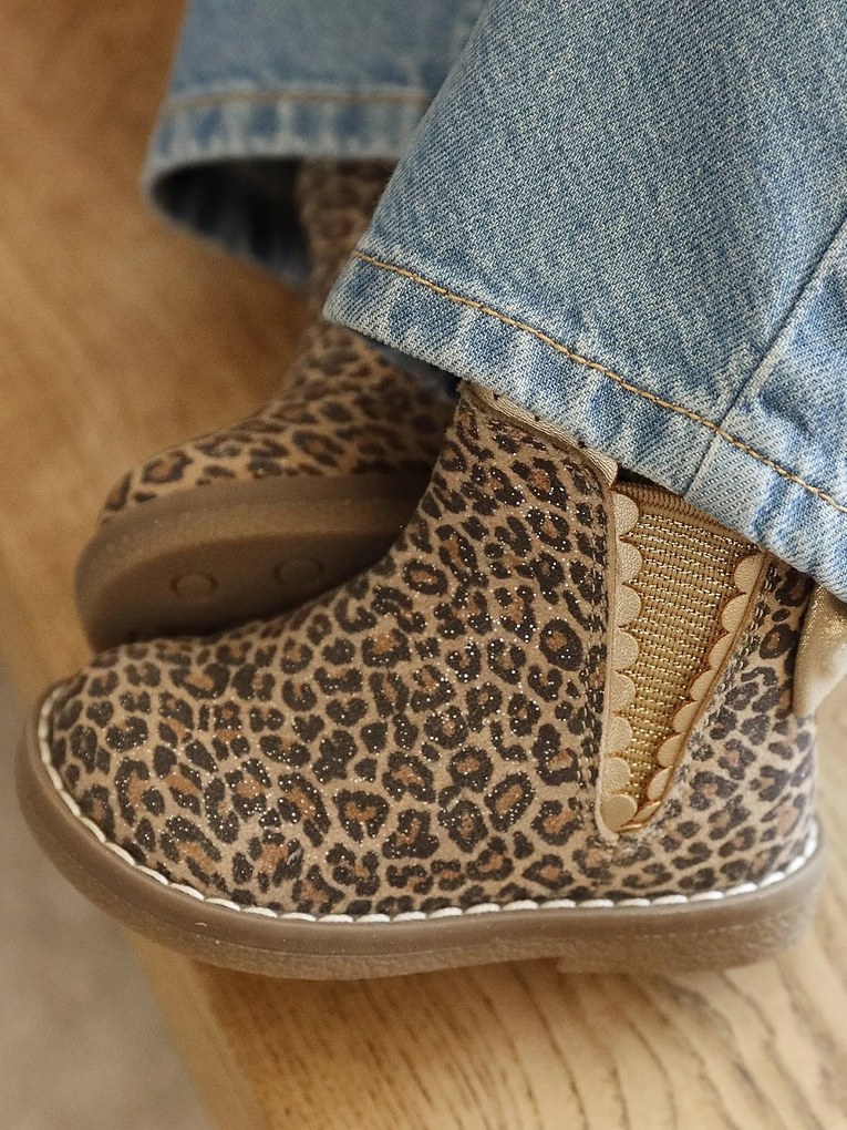 Botas em pele, com elástico, para bebé menina bege estampado