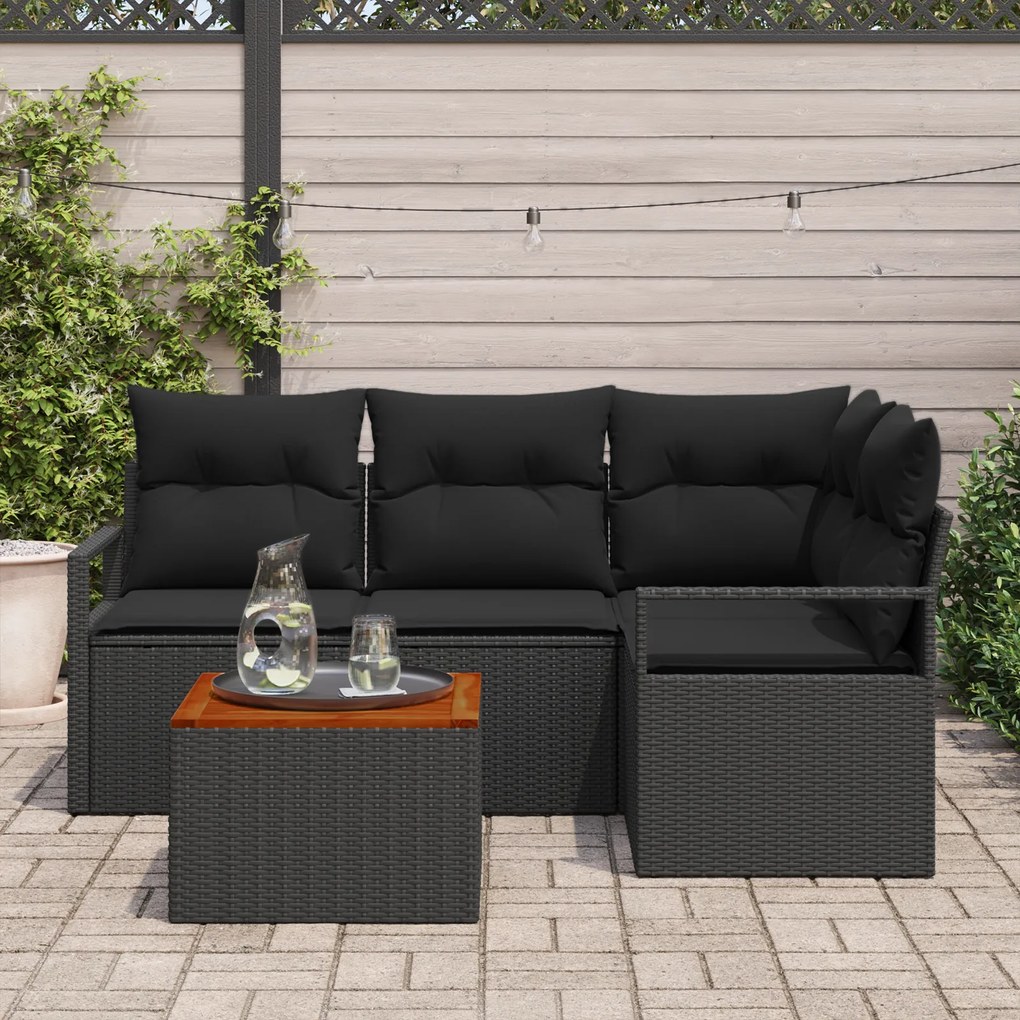 Conjunto de Sofás de Jardim vidaXL de 5 Peças com Almofadas Preto Vime
