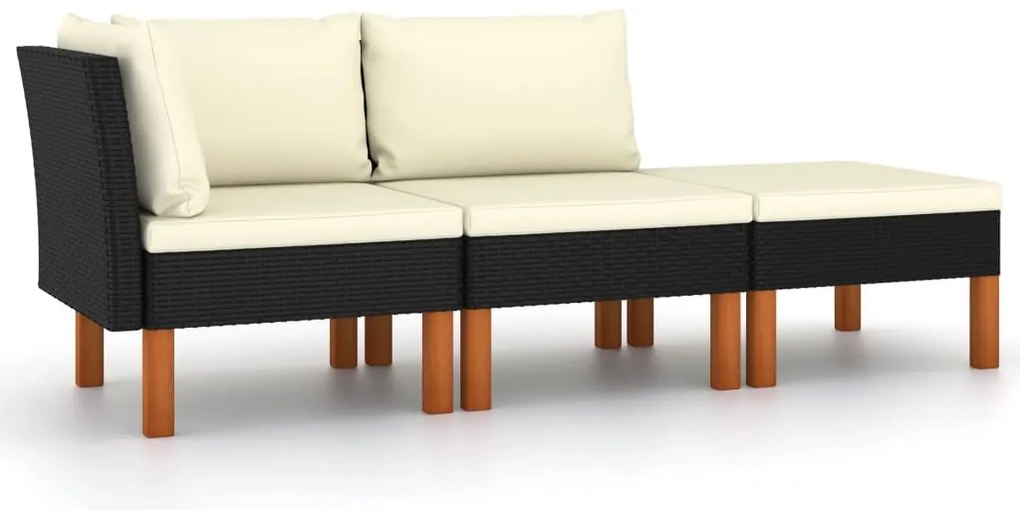 3 pcs conj. lounge jardim vime PE e madeira de eucalipto maciça